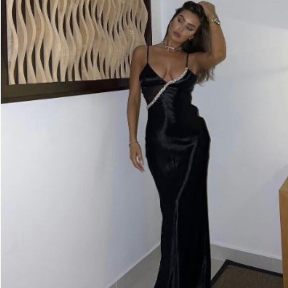 Zara Black Satin Effect Rhinestone Midi Slip Dress Spaghetti Straps Size Small - Picture 5 of 14